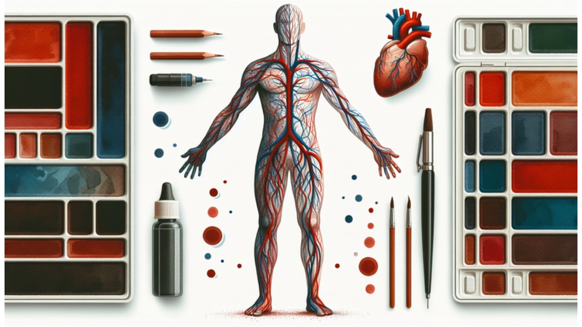 Aquarelldarstellung von Blut- und Lymphgefäßen auf weißem Hintergrund, die die Rolle der Angiologie in der modernen Medizin hervorhebt.