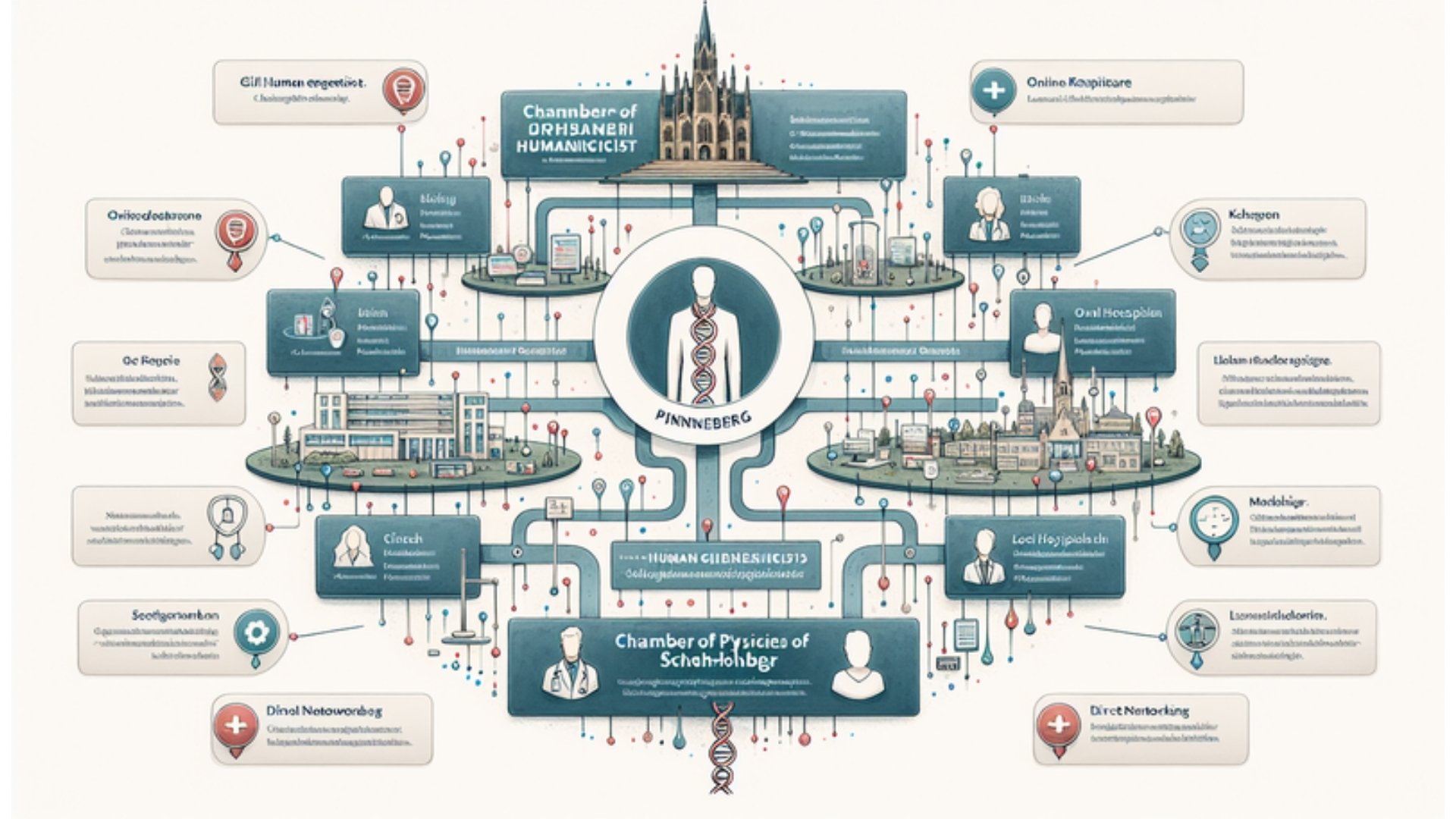 Aquarell-Schaubild der Schritte zur Suche eines Humangenetikers in Pinneberg, inklusive Ärztekammer, Krankenhäuser, Bewertungen und Vernetzung.