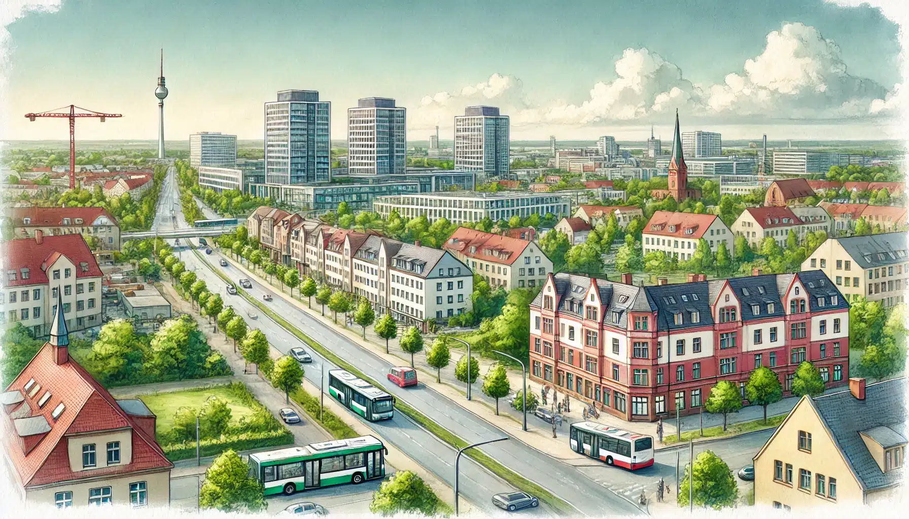 Moderne Infrastruktur von Pinneberg-Nord mit Straßenverkehr, Gewerbegebieten und Wohnhäusern, Aquarellstil.