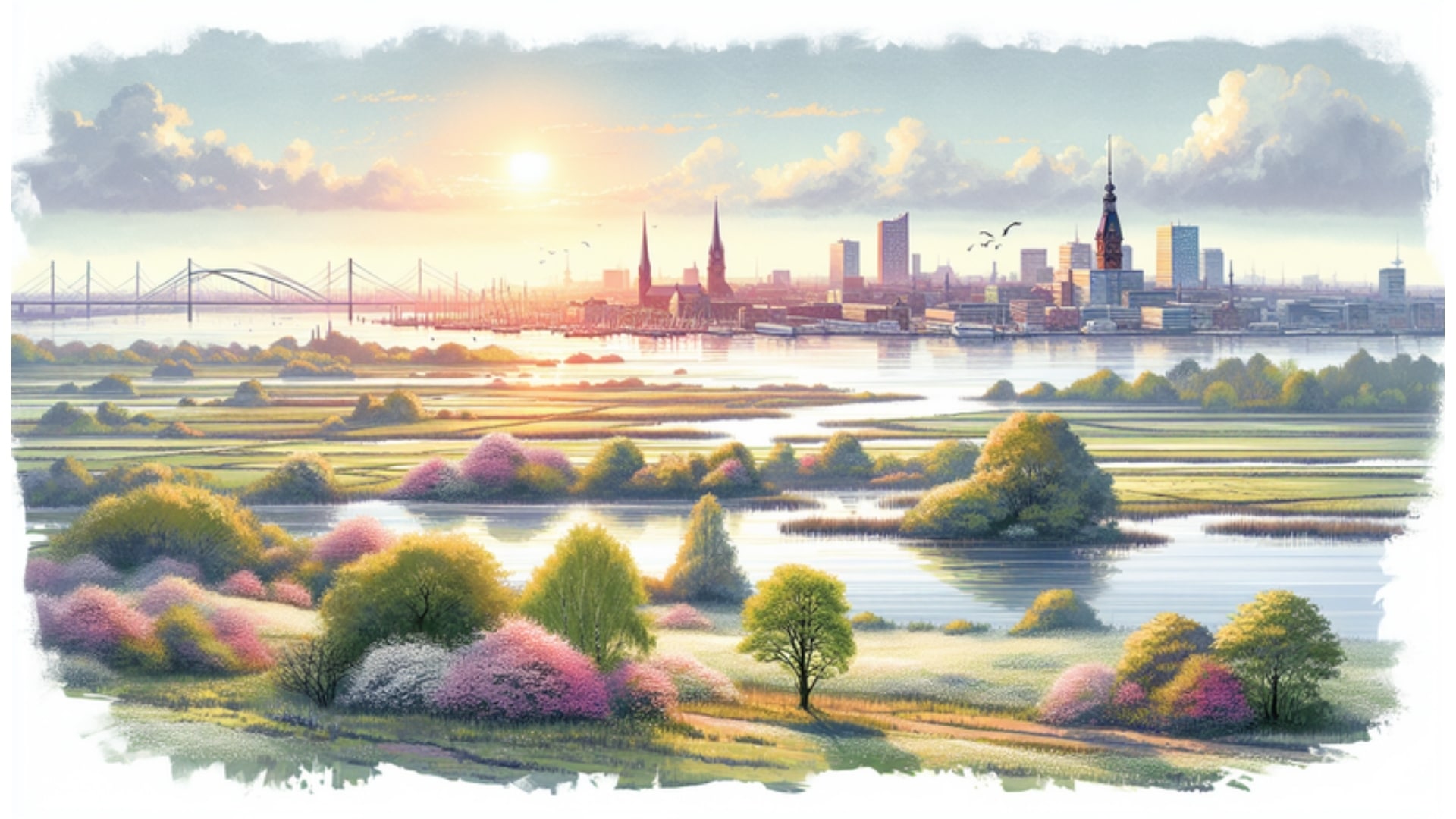 Panorama des Landkreises Pinneberg mit urbanen und ländlichen Elementen, Skyline von Hamburg und fließender Elbe im Aquarellstil