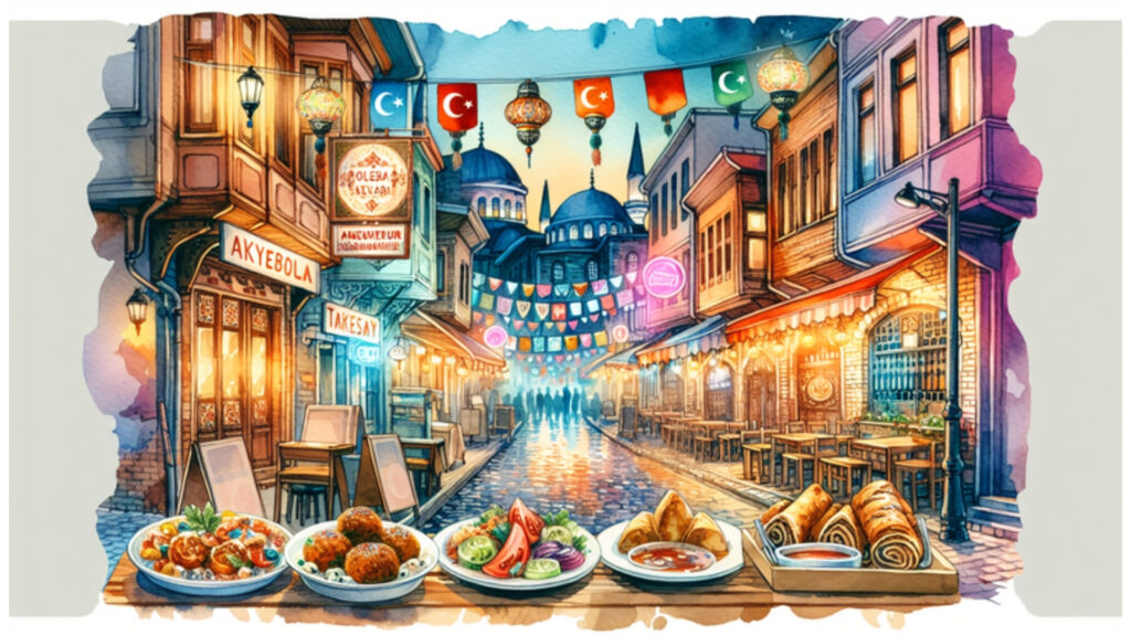 Straßenansicht von Pinnebergs türkischen Restaurants mit Iskender Kebab und Baklava im Vordergrund, in Aquarellstil.